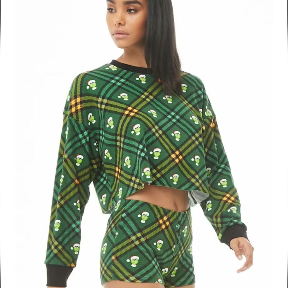 THE GRINCH‎ Dr Seuss green boxy oversized cropped long sleeve thermal shirt M